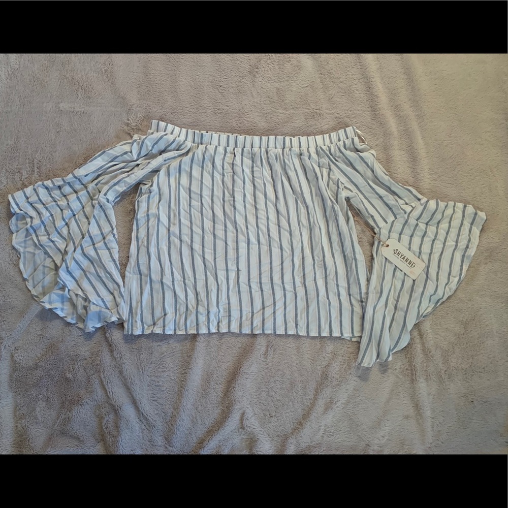 Shyanne Blue and White Striped Off-Shoulder Top